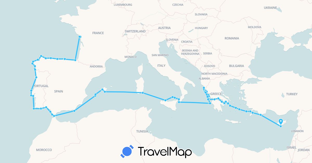 TravelMap itinerary: driving, boat in Cyprus, Spain, France, Greece, Italy, Portugal (Asia, Europe)